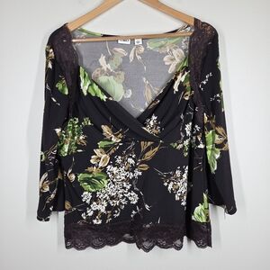 Vtg Y2K Cato Forest Fairy Dark Floral Brown Green Lace Trim Babydoll Top XL